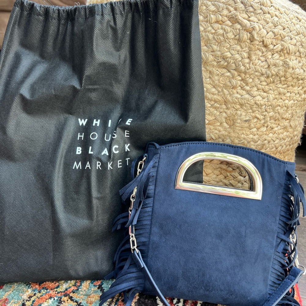 White House Black Market Navy Suede Fringe Handbag
